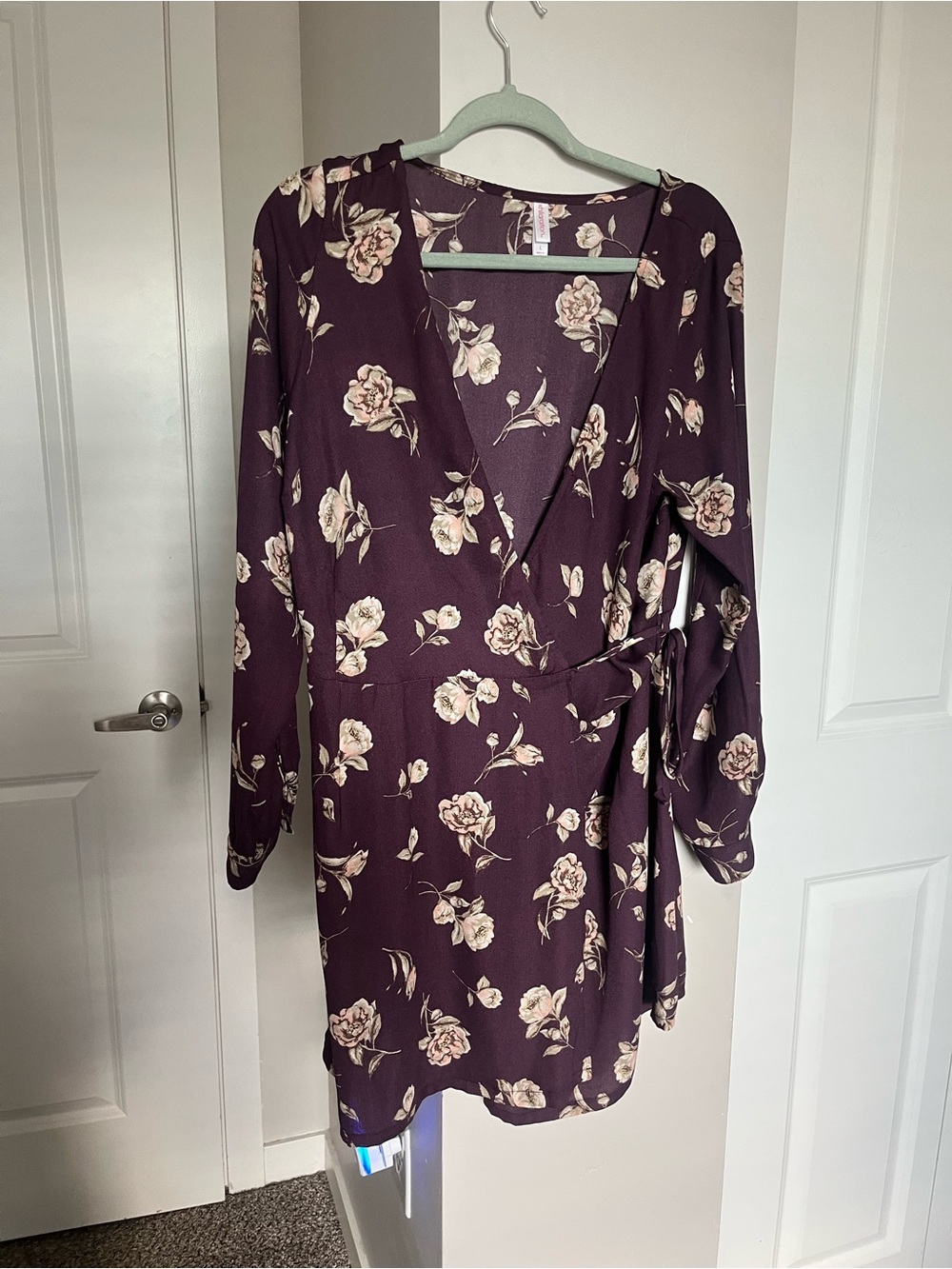 Xhiliration Floral Wrap Dress in Deep Plum
